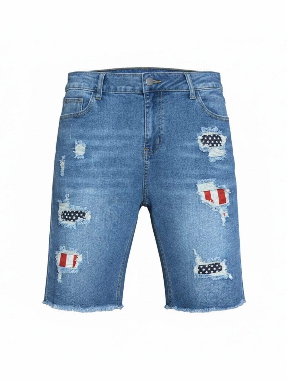 Blue denim shorts with red, white, and black flag patches, size XXL.